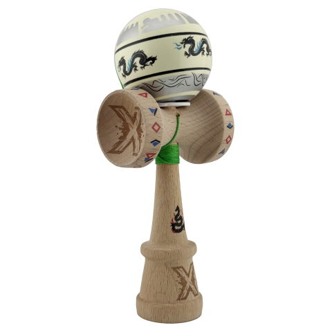 TeoMarket - Kendama X Originala, Profesionala, Flippy, DRAGON Series, Super Sticky cu Cupe Mari King Size V3, Rulment Metalic si Gaura in Baza, din Lemn 18 cm, Ata 62/65 cm, Gri/Verde deschis