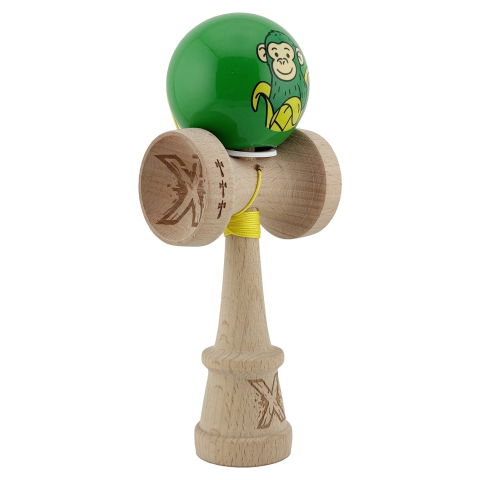 TeoMarket - Kendama X Originala, Profesionala, Flippy, Green Monkey, Super Sticky cu Cupe Mari King Size V3, Rulment Metalic si Gaura in Baza, din Lemn 18 cm, Ata 62/65 cm, Verde