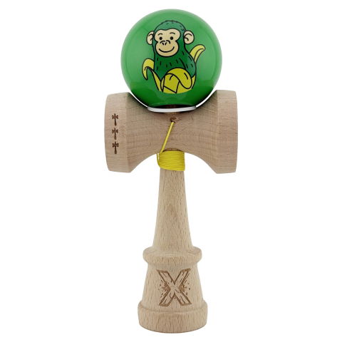 TeoMarket - Kendama X Originala, Profesionala, Flippy, Green Monkey, Super Sticky cu Cupe Mari King Size V3, Rulment Metalic si Gaura in Baza, din Lemn 18 cm, Ata 62/65 cm, Verde