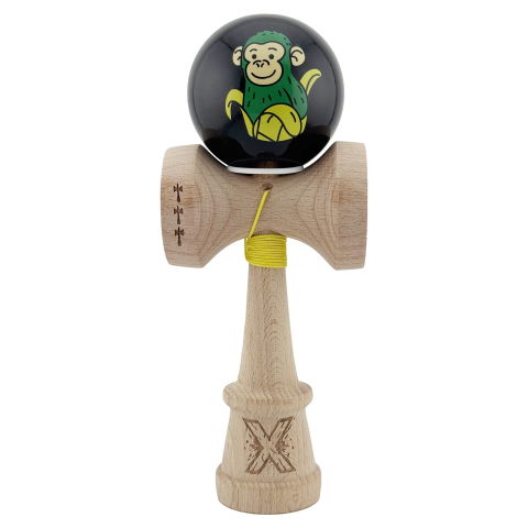 TeoMarket - Kendama X Originala, Profesionala, Flippy, Green Monkey, Super Sticky cu Cupe Mari King Size V3, Rulment Metalic si Gaura in Baza, din Lemn 18 cm, Ata 62/65 cm, Negru