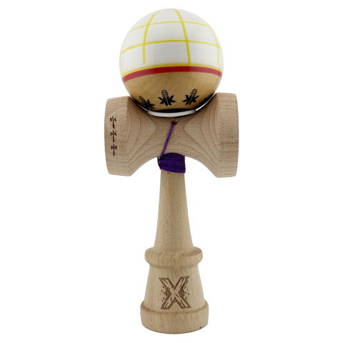 TeoMarket - Kendama X Originala, Profesionala, Flippy, Legendary Glob, Cupe Mari KING SIZE V3, Super Sticky, Gaura in Baza, Rulment Metalic, din lemn 18 cm, Ata 62/65 cm, Alb/Galben/Rosu