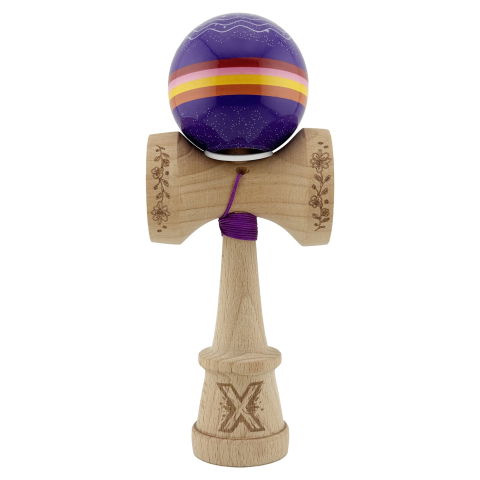 TeoMarket - Kendama X Originala, Profesionala, Flippy, NIGHT SKY, Super Sticky cu Cupe Mari KING SIZE V3, Gaura in Baza, Rulment Metalic, din lemn 18 cm, Ata 62/65 cm, Mov