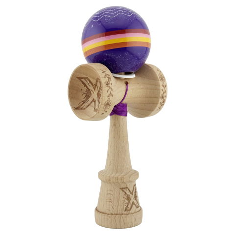TeoMarket - Kendama X Originala, Profesionala, Flippy, NIGHT SKY, Super Sticky cu Cupe Mari KING SIZE V3, Gaura in Baza, Rulment Metalic, din lemn 18 cm, Ata 62/65 cm, Mov