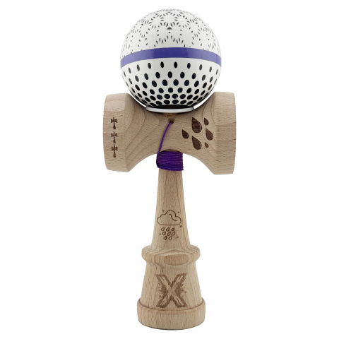 TeoMarket - Kendama X Originala, Profesionala, Flippy, RAINDROPS, Super Sticky cu Cupe Mari KING SIZE V3, Gaura in Baza, Rulment Metalic, din lemn 18 cm, Ata 62/65 cm, Alb/Albastru