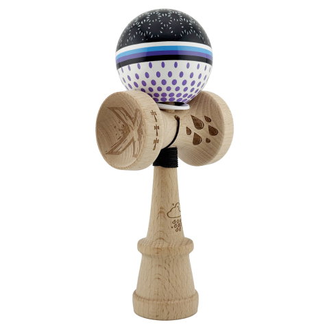 Import - Kendama X Originala, Profesionala, Flippy, RAINDROPS, Super Sticky cu Cupe Mari KING SIZE V3, Gaura in Baza, Rulment Metalic, din lemn 18 cm, Ata 62/65 cm, Alb/Negru/Mov