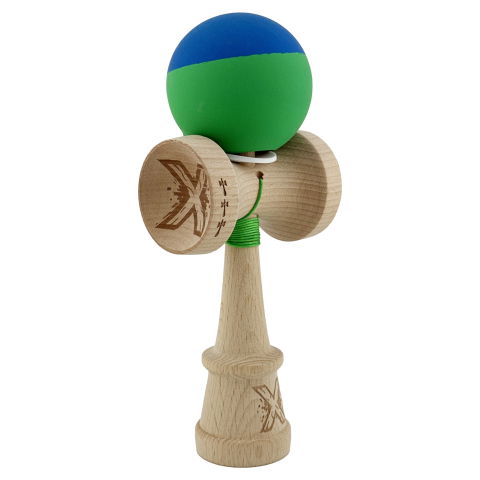 TeoMarket - Kendama X Originala, Profesionala, Flippy, Rubber Grip, Cupe Mari KING SIZE V3, Gaura in Baza, Rulment Metalic, din lemn 18 cm, Ata 62/65 cm, Bicolor Albastru/Verde