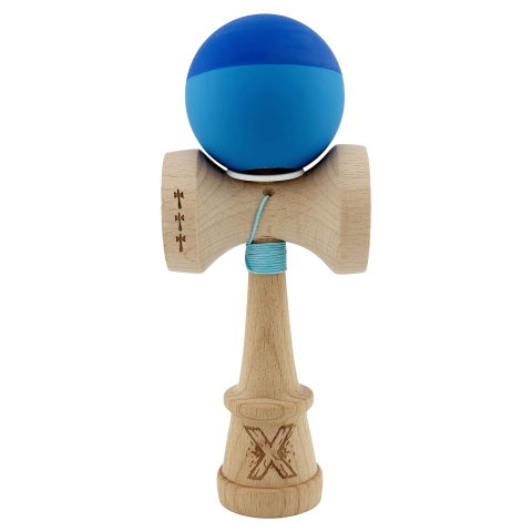 TeoMarket - Kendama X Originala, Profesionala, Flippy, Rubber Grip, Cupe Mari KING SIZE V3, Gaura in Baza, Rulment Metalic, din lemn 18 cm, Ata 62/65 cm, Bicolor Albastru/Albastru deschis