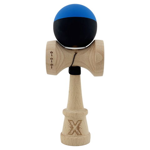 TeoMarket - Kendama X Originala, Profesionala, Flippy, Rubber Grip, Cupe Mari KING SIZE V3, Gaura in Baza, Rulment Metalic, din lemn 18 cm, Ata 62/65 cm, Bicolor Albastru/Negru