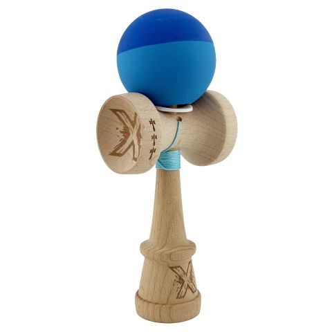 TeoMarket - Kendama X Originala, Profesionala, Flippy, Rubber Grip, Cupe Mari KING SIZE V3, Gaura in Baza, Rulment Metalic, din lemn 18 cm, Ata 62/65 cm, Bicolor Albastru/Albastru deschis