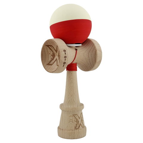 TeoMarket - Kendama X Originala, Profesionala, Flippy, Rubber Grip, Cupe Mari KING SIZE V3, Gaura in Baza, Rulment Metalic, din lemn 18 cm, Ata 62/65 cm, Bicolor Galben/Rosu
