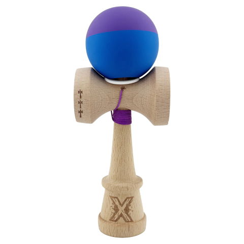 TeoMarket - Kendama X Originala, Profesionala, Flippy, Rubber Grip, Cupe Mari KING SIZE V3, Gaura in Baza, Rulment Metalic, din lemn 18 cm, Ata 62/65 cm, Bicolor Mov/Albastru