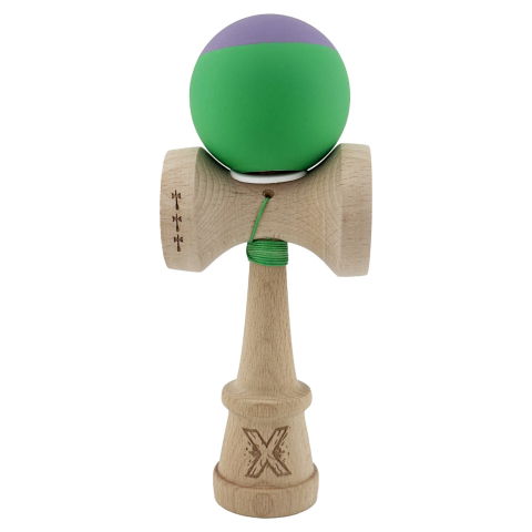 TeoMarket - Kendama X Originala, Profesionala, Flippy, Rubber Grip, Cupe Mari KING SIZE V3, Gaura in Baza, Rulment Metalic, din lemn 18 cm, Ata 62/65 cm, Bicolor Mov/Verde