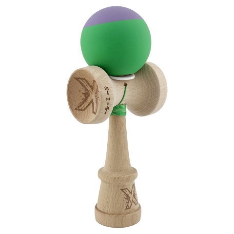 TeoMarket - Kendama X Originala, Profesionala, Flippy, Rubber Grip, Cupe Mari KING SIZE V3, Gaura in Baza, Rulment Metalic, din lemn 18 cm, Ata 62/65 cm, Bicolor Mov/Verde