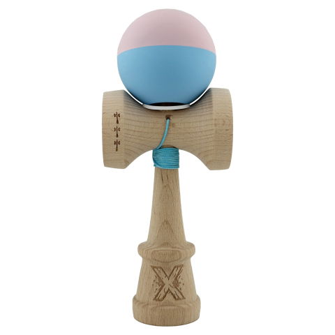 TeoMarket - Kendama X Originala, Profesionala, Flippy, Rubber Grip, Cupe Mari KING SIZE V3, Gaura in Baza, Rulment Metalic, din lemn 18 cm, Ata 62/65 cm, Bicolor Roz/Bleu
