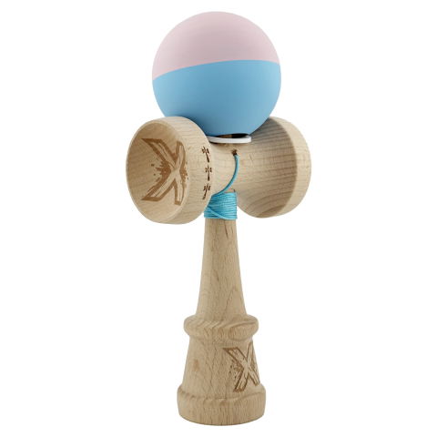 TeoMarket - Kendama X Originala, Profesionala, Flippy, Rubber Grip, Cupe Mari KING SIZE V3, Gaura in Baza, Rulment Metalic, din lemn 18 cm, Ata 62/65 cm, Bicolor Roz/Bleu