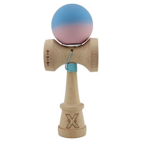 TeoMarket - Kendama X Originala, Profesionala, Flippy, Rubber Grip, Cupe Mari KING SIZE V3, Gaura in Baza, Rulment Metalic, din lemn 18 cm, Ata 62/65 cm, Gradient Albastru/Roz