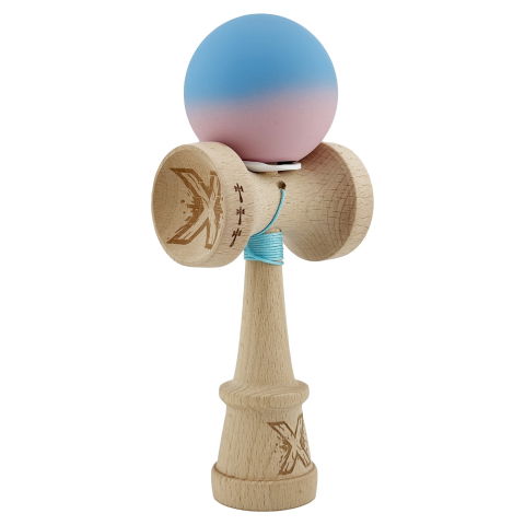 TeoMarket - Kendama X Originala, Profesionala, Flippy, Rubber Grip, Cupe Mari KING SIZE V3, Gaura in Baza, Rulment Metalic, din lemn 18 cm, Ata 62/65 cm, Gradient Albastru/Roz