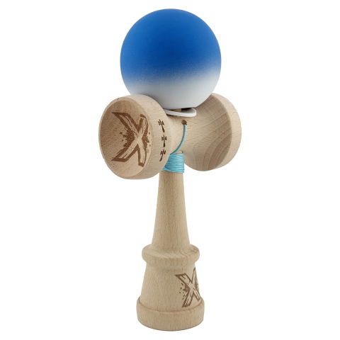 TeoMarket - Kendama X Originala, Profesionala, Flippy, Rubber Grip, Cupe Mari KING SIZE V3, Gaura in Baza, Rulment Metalic, din lemn 18 cm, Ata 62/65 cm, Gradient Albastru/Alb