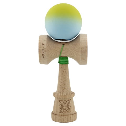 TeoMarket - Kendama X Originala, Profesionala, Flippy, Rubber Grip, Cupe Mari KING SIZE V3, Gaura in Baza, Rulment Metalic, din lemn 18 cm, Ata 62/65 cm, Gradient Galben/Albastru
