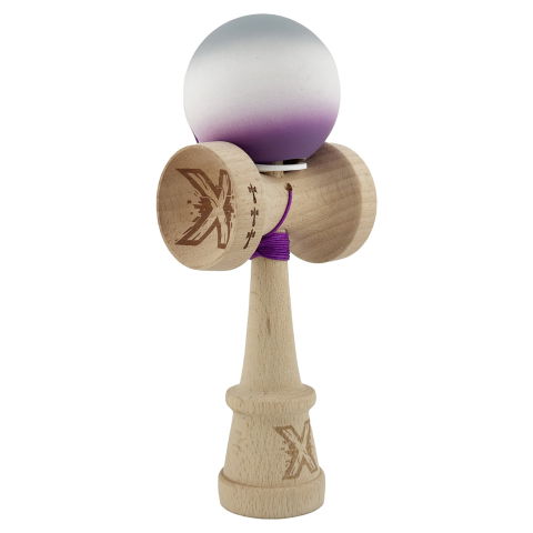 TeoMarket - Kendama X Originala, Profesionala, Flippy, Rubber Grip, Cupe Mari KING SIZE V3, Gaura in Baza, Rulment Metalic, din lemn 18 cm, Ata 62/65 cm, Gradient Gri/Alb/Mov