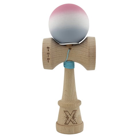TeoMarket - Kendama X Originala, Profesionala, Flippy, Rubber Grip, Cupe Mari KING SIZE V3, Gaura in Baza, Rulment Metalic, din lemn 18 cm, Ata 62/65 cm, Gradient Roz/Alb/Gri