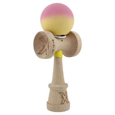 TeoMarket - Kendama X Originala, Profesionala, Flippy, Rubber Grip, Cupe Mari KING SIZE V3, Gaura in Baza, Rulment Metalic, din lemn 18 cm, Ata 62/65 cm, Gradient Roz/Galben