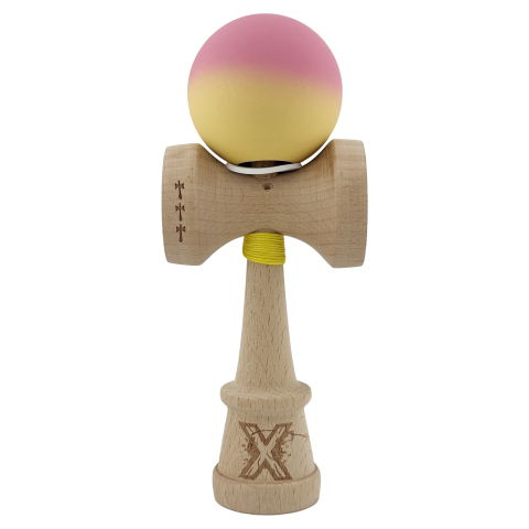 TeoMarket - Kendama X Originala, Profesionala, Flippy, Rubber Grip, Cupe Mari KING SIZE V3, Gaura in Baza, Rulment Metalic, din lemn 18 cm, Ata 62/65 cm, Gradient Roz/Galben