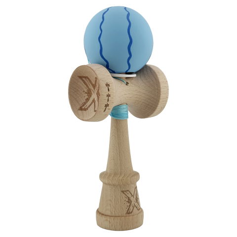 TeoMarket - Kendama X Originala, Profesionala, Flippy, Rubber Grip, Cupe Mari KING SIZE V3, Gaura in Baza, Rulment Metalic, din lemn 18 cm, Ata 62/65 cm, Special Albastru deschis