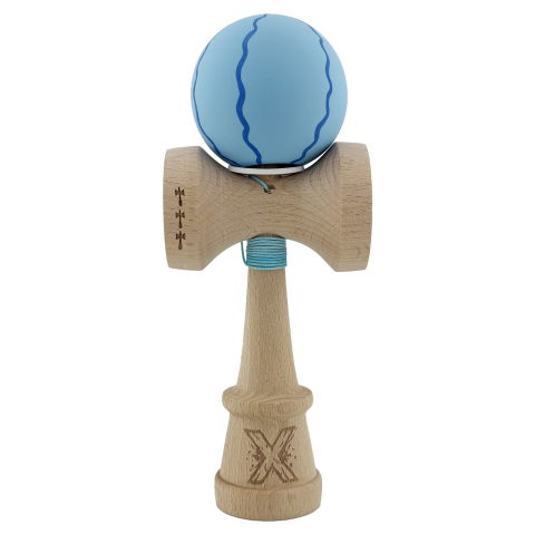 TeoMarket - Kendama X Originala, Profesionala, Flippy, Rubber Grip, Cupe Mari KING SIZE V3, Gaura in Baza, Rulment Metalic, din lemn 18 cm, Ata 62/65 cm, Special Albastru deschis