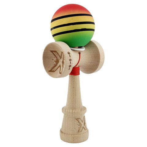 TeoMarket - Kendama X Originala, Profesionala, Flippy, Rubber Grip, Cupe Mari KING SIZE V3, Gaura in Baza, Rulment Metalic, din lemn 18 cm, Ata 62/65 cm, Special Rosu/Galben/Verde