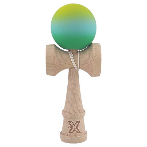 50 - 100 LEI - Kendama X Originala, Profesionala, Flippy, Rubber Grip, din Lemn, 18 cm, Galben/Albastru/Verde