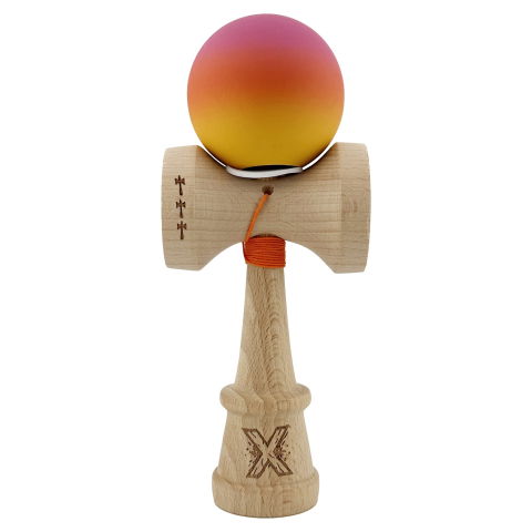 TeoMarket - Kendama X Originala, Profesionala, Flippy, Rubber Grip, din Lemn, 18 cm, V3, Roz/Portocaliu/Galben