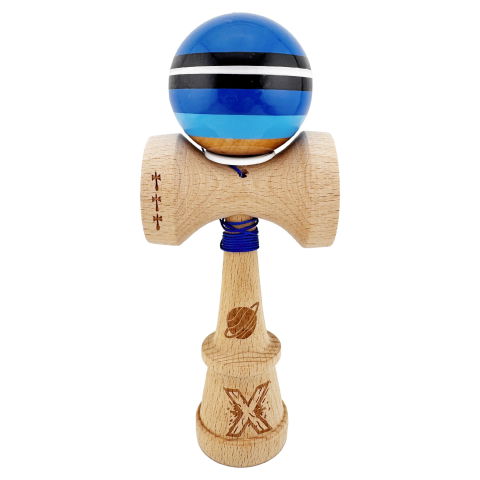 TeoMarket - Kendama X Originala, Profesionala, Flippy, SATURN Blue Planet, Super Sticky cu Cupe Mari KING SIZE V3, Gaura in Baza, Rulment Metalic, din lemn 18 cm, Ata 62/65 cm, Albastru