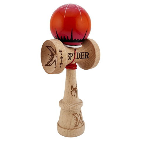 TeoMarket - Kendama X Originala, Profesionala, Flippy, SPIDER KING, Super Sticky cu Cupe Mari KING SIZE V3, Gaura in Baza, Rulment Metalic, din lemn 18 cm, Ata 62/65 cm, Rosu/Maro