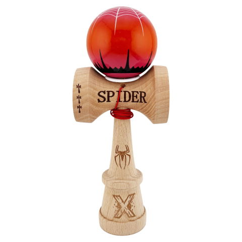 TeoMarket - Kendama X Originala, Profesionala, Flippy, SPIDER KING, Super Sticky cu Cupe Mari KING SIZE V3, Gaura in Baza, Rulment Metalic, din lemn 18 cm, Ata 62/65 cm, Rosu/Maro