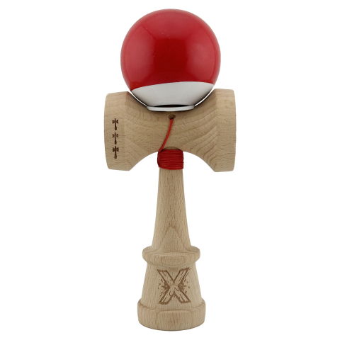 TeoMarket - Kendama X Originala, Profesionala, Flippy, Super Sticky cu Cupe Mari KING SIZE V3, Gaura in Baza, Rulment Metalic, din lemn 18 cm, Ata 62/65 cm, Bicolor Rosu/Alb