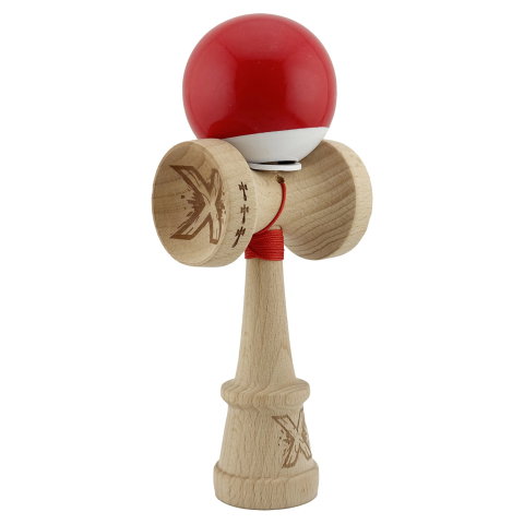 TeoMarket - Kendama X Originala, Profesionala, Flippy, Super Sticky cu Cupe Mari KING SIZE V3, Gaura in Baza, Rulment Metalic, din lemn 18 cm, Ata 62/65 cm, Bicolor Rosu/Alb