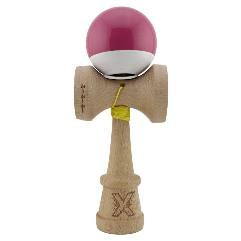 TeoMarket - Kendama X Originala, Profesionala, Flippy, Super Sticky cu Cupe Mari KING SIZE V3, Gaura in Baza, Rulment Metalic, din lemn 18 cm, Ata 62/65 cm, Bicolor Roz inchis/Alb