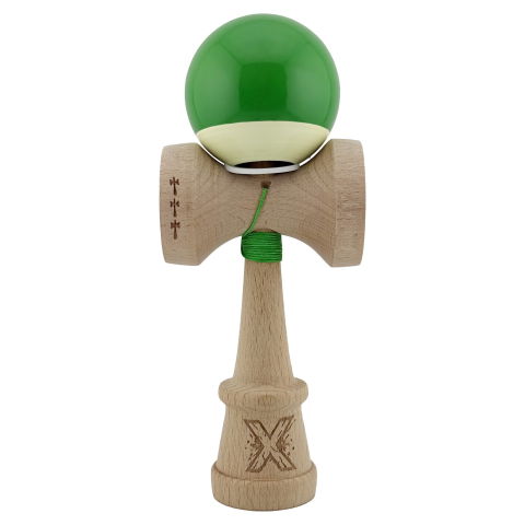 TeoMarket - Kendama X Originala, Profesionala, Flippy, Super Sticky cu Cupe Mari KING SIZE V3, Gaura in Baza, Rulment Metalic, din lemn 18 cm, Ata 62/65 cm, Bicolor Verde/Alb