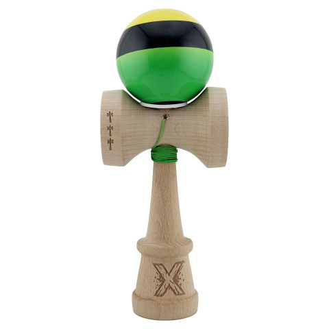 TeoMarket - Kendama X Originala, Profesionala, Flippy, Super Sticky cu Cupe Mari KING SIZE V3, Gaura in Baza, Rulment Metalic, din lemn 18 cm, Ata 62/65 cm, Galben/Negru/Verde