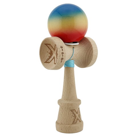 TeoMarket - Kendama X Originala, Profesionala, Flippy, Super Sticky cu Cupe Mari KING SIZE V3, Gaura in Baza, Rulment Metalic, din lemn 18 cm, Ata 62/65 cm, Gradient Albastru/Galben/Rosu