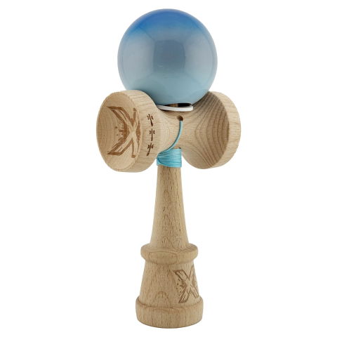 TeoMarket - Kendama X Originala, Profesionala, Flippy, Super Sticky cu Cupe Mari KING SIZE V3, Gaura in Baza, Rulment Metalic, din lemn 18 cm, Ata 62/65 cm, Gradient Albastru/Gri/Bleu