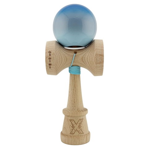 TeoMarket - Kendama X Originala, Profesionala, Flippy, Super Sticky cu Cupe Mari KING SIZE V3, Gaura in Baza, Rulment Metalic, din lemn 18 cm, Ata 62/65 cm, Gradient Albastru/Gri/Bleu