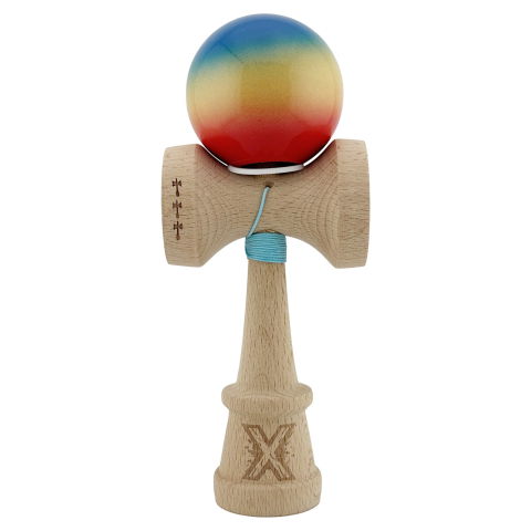 TeoMarket - Kendama X Originala, Profesionala, Flippy, Super Sticky cu Cupe Mari KING SIZE V3, Gaura in Baza, Rulment Metalic, din lemn 18 cm, Ata 62/65 cm, Gradient Albastru/Galben/Rosu