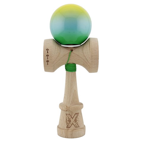 TeoMarket - Kendama X Originala, Profesionala, Flippy, Super Sticky cu Cupe Mari KING SIZE V3, Gaura in Baza, Rulment Metalic, din lemn 18 cm, Ata 62/65 cm, Gradient Galben/Albastru/Verde
