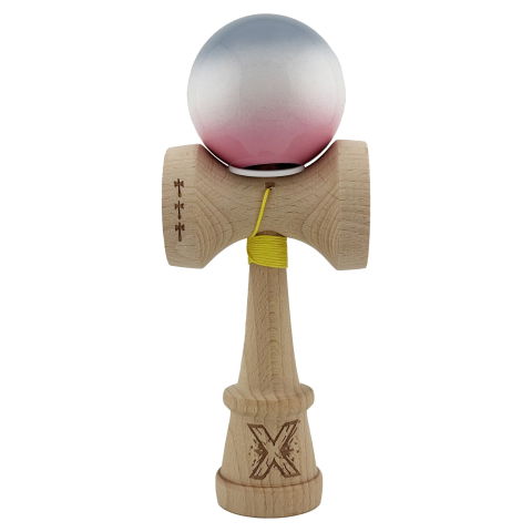 TeoMarket - Kendama X Originala, Profesionala, Flippy, Super Sticky cu Cupe Mari KING SIZE V3, Gaura in Baza, Rulment Metalic, din lemn 18 cm, Ata 62/65 cm, Gradient Gri/Alb/Roz