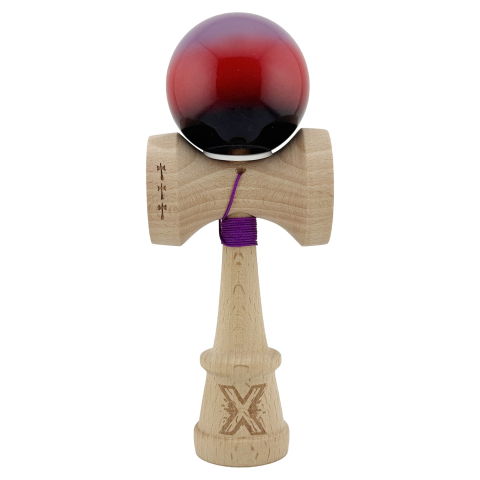 TeoMarket - Kendama X Originala, Profesionala, Flippy, Super Sticky cu Cupe Mari KING SIZE V3, Gaura in Baza, Rulment Metalic, din lemn 18 cm, Ata 62/65 cm, Gradient Mov/Rosu/Negru