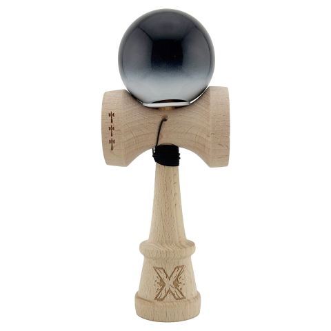 TeoMarket - Kendama X Originala, Profesionala, Flippy, Super Sticky cu Cupe Mari KING SIZE V3, Gaura in Baza, Rulment Metalic, din lemn 18 cm, Ata 62/65 cm, Gradient Negru/Alb