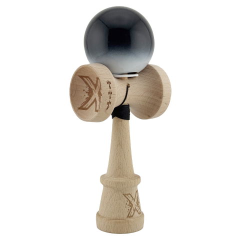 TeoMarket - Kendama X Originala, Profesionala, Flippy, Super Sticky cu Cupe Mari KING SIZE V3, Gaura in Baza, Rulment Metalic, din lemn 18 cm, Ata 62/65 cm, Gradient Negru/Alb