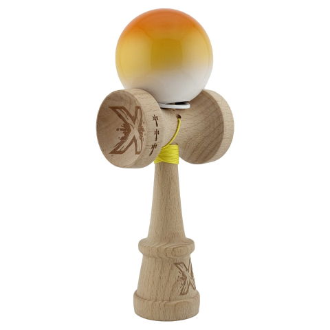 TeoMarket - Kendama X Originala, Profesionala, Flippy, Super Sticky cu Cupe Mari KING SIZE V3, Gaura in Baza, Rulment Metalic, din lemn 18 cm, Ata 62/65 cm, Gradient Portocaliu/Galben/Alb